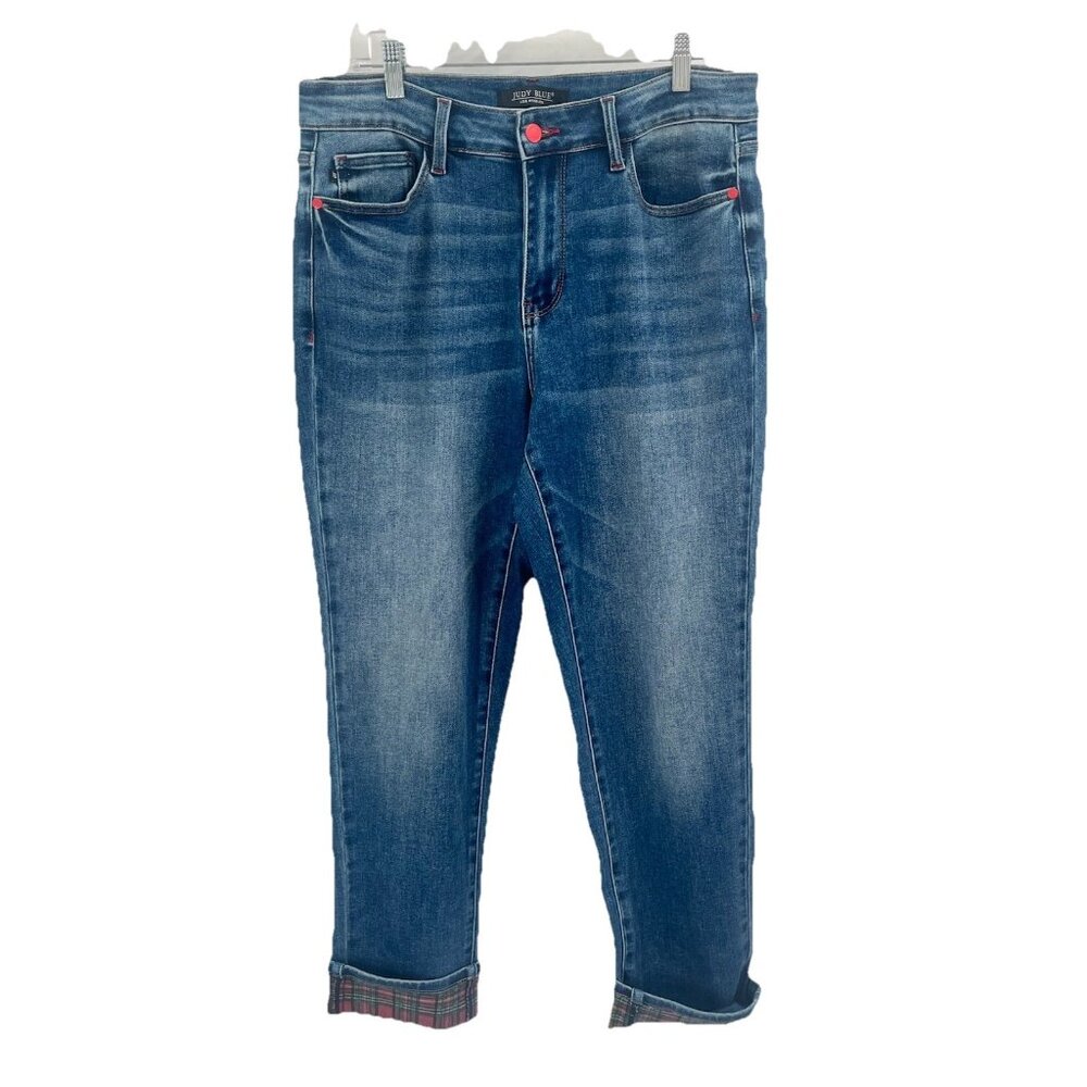 Judy Blue Buffalo Plaid Cuffed Mid-Rise Boyfriend Jeans Sz 14 - Picture 1 of 8
